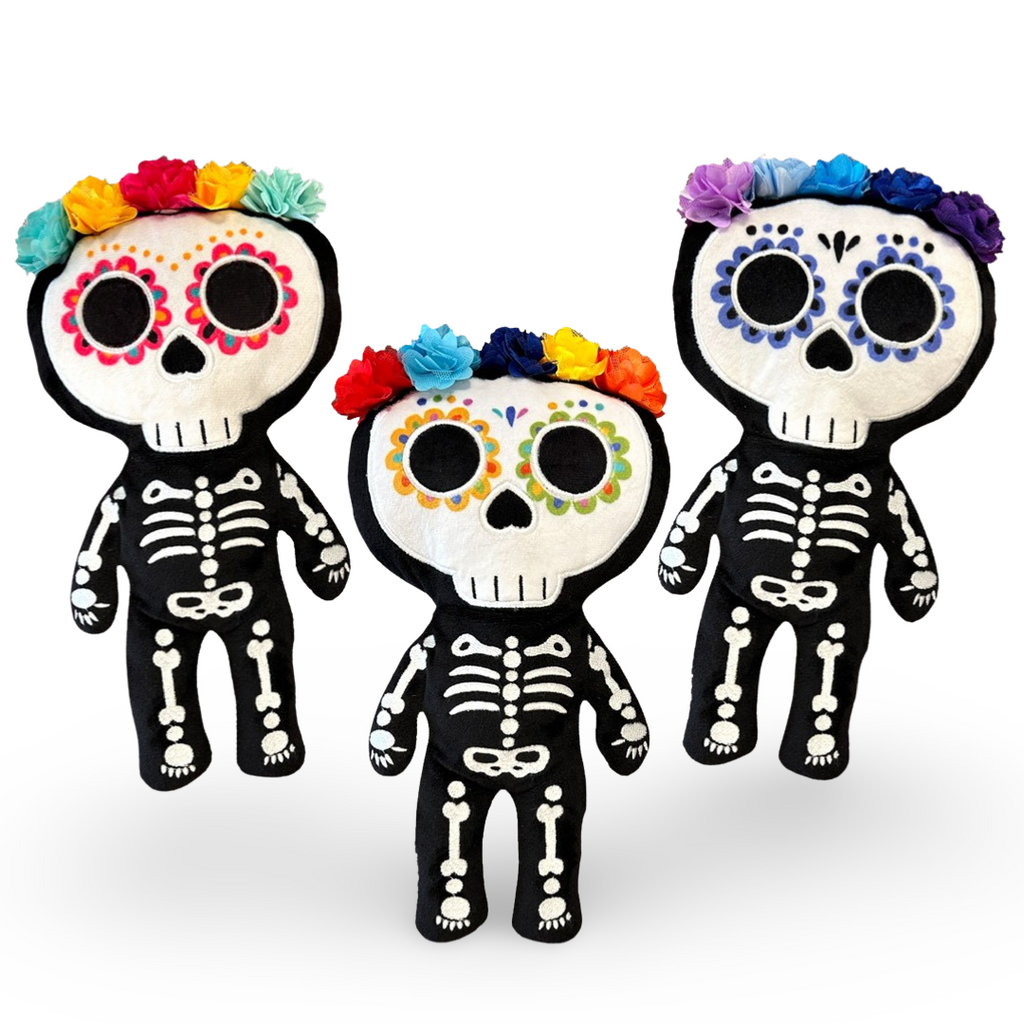 12 inch tall day of the dead skeleton plush with custom face printing satin lace flower halo and in  black minky white embroidery beautiful embroidery high quality plush halloween skeleton bat plushie halloween goth home decor childrens halloween dia de lost muertos skeleton plush day of the dead plush skeleton plush toy