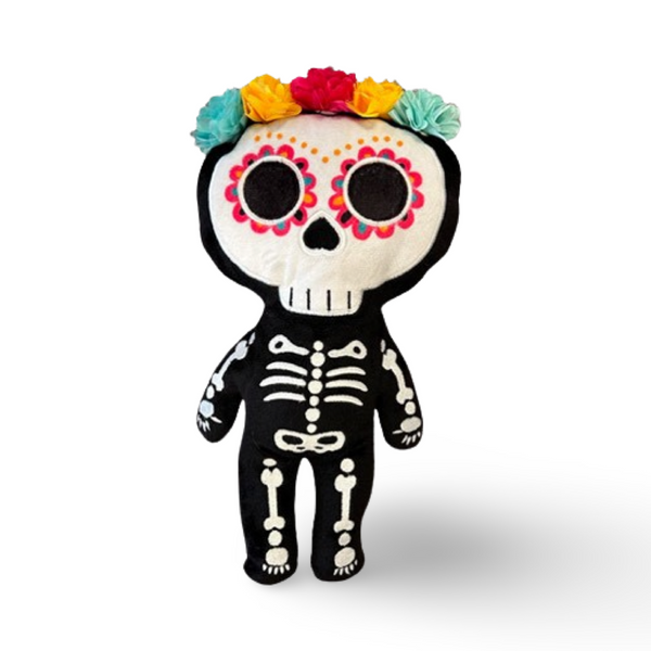 12 inch tall day of the dead skeleton plush with custom pink and multi colored face printing pink yellow and aqua 5 flower satin lace flower halo and in  black minky white embroidery beautiful embroidery high quality plush halloween skeleton bat plushie halloween goth home decor childrens halloween dia de lost muertos skeleton plush day of the dead plush skeleton plush toy colorful sugar skull