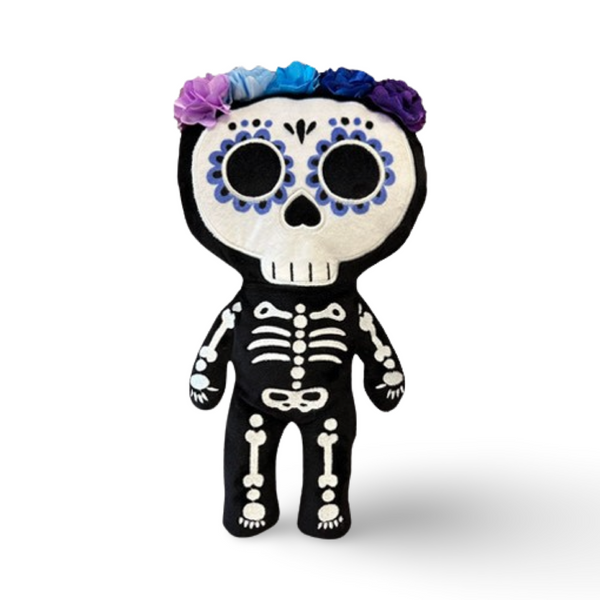 12 inch tall day of the dead skeleton plush with purple blue custom face printing 5 colorful flowers in shades of blues and purples satin lace flower halo and in  black minky white embroidery beautiful embroidery high quality plush halloween skeleton bat plushie halloween goth home decor childrens halloween dia de lost muertos skeleton plush day of the dead plush skeleton plush toy colorful sugar skull plush unique gift