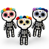 12 inch tall day of the dead skeleton plush with custom face printing satin lace flower halo and in  black minky white embroidery beautiful embroidery high quality plush halloween skeleton bat plushie halloween goth home decor childrens halloween dia de lost muertos skeleton plush day of the dead plush skeleton plush toy colorful sugar skull plush unique day of the dead gift