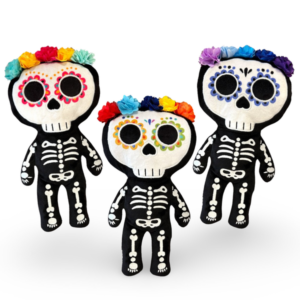 12 inch tall day of the dead skeleton plush with custom face printing satin lace flower halo and in black minky white embroidery beautiful embroidery high quality plush halloween skeleton bat plushie halloween goth home decor childrens halloween dia de lost muertos skeleton plush day of the dead plush skeleton plush toy colorful sugar skull plush unique day of the dead gift