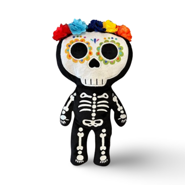 12 inch tall day of the dead skeleton plush with custom rainbow flower face printing 5 rainbow color satin lace flower halo and in  black minky white embroidery beautiful embroidery high quality plush halloween skeleton bat plushie halloween goth home decor childrens halloween dia de lost muertos skeleton plush day of the dead plush skeleton plush toy colorful rainbow sugar skulls
