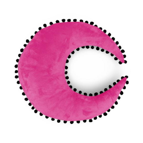 pink moon with black ball fringe trim. moon plush pillows in bright colors with black pompom trim, colors are pink, teal and golden yellow. these pillows are soft, and spooky but also magical and sweet and funky