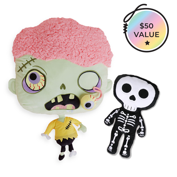 plush zombie pillow with a large head for sleeping he has soft pink plush brains and a hanging eyeball. also a skeleton plush toy with soft minky and embroidery