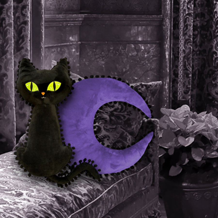 black cat pompom pillow black ball fringe b right green cat eye embroidery pompom pillow Witch home decor minky plush pillows black cat home decor witch plush