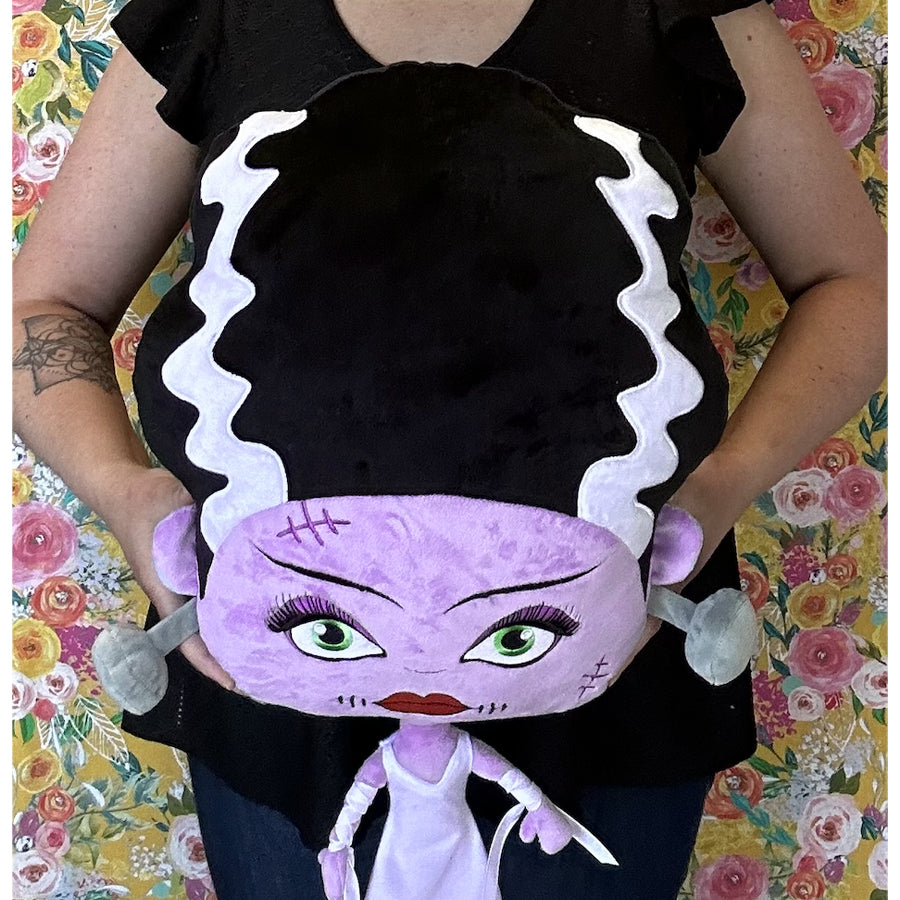 Bride of Frankenstein plush pillow with huge head and hair for easy loungin plush bolts hilarious embroidery and tiny body too cute halloween home decor bride of frankenstein zombie plush pillow horror gift 