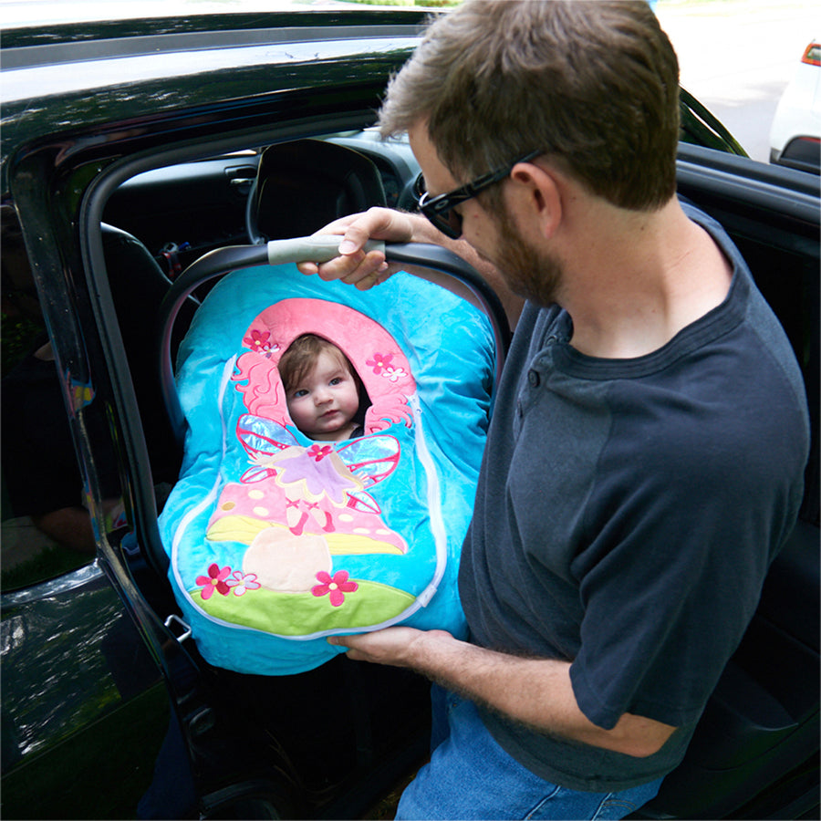 Car Seat Cuties Fairy infant baby car seat cover with whimsical fairy applique decoration zipper front universal fit machine washable elastic baby car seat cover great for Halloween infant no fuss fairy costume baby shower gift baby’s first halloween gift baby’s first christmas gift unique baby gift
