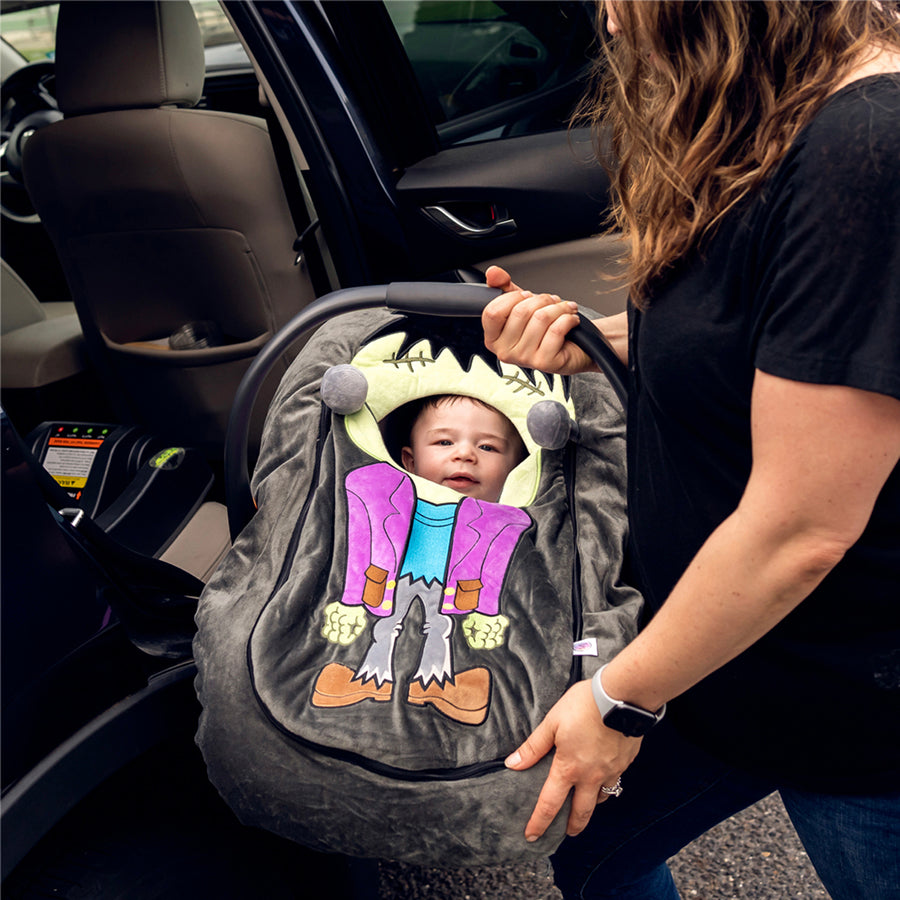 Car Seat Cuties Frankenstein infant baby car seat cover with frankensteins monster applique decoration zipper front universal fit machine washable elastic baby car seat cover great for Halloween infant no fuss costume baby shower gift babys first halloween gift baby’s first christmas gift cult classic baby gift unique baby gift