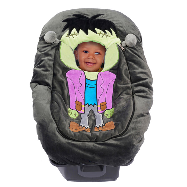 Car Seat Cuties Frankenstein infant baby car seat cover with frankensteins monster applique decoration zipper front universal fit machine washable elastic baby car seat cover great for Halloween infant no fuss costume baby shower gift babys first halloween gift baby’s first christmas gift cult classic baby gift unique baby gift