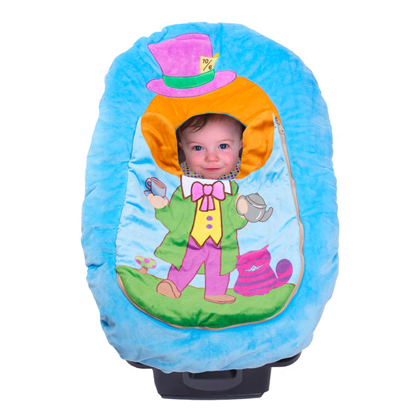 Car Seat Cuties Mad Hatter infant baby car seat cover with whimsical mad hatter printed decoration zipper front universal fit machine washable elastic baby car seat cover great for Halloween infant no fuss fairy costume baby shower gift babys first halloween gift babys first christmas gift unique baby gift alice in wonderland Halloween baby cosplay