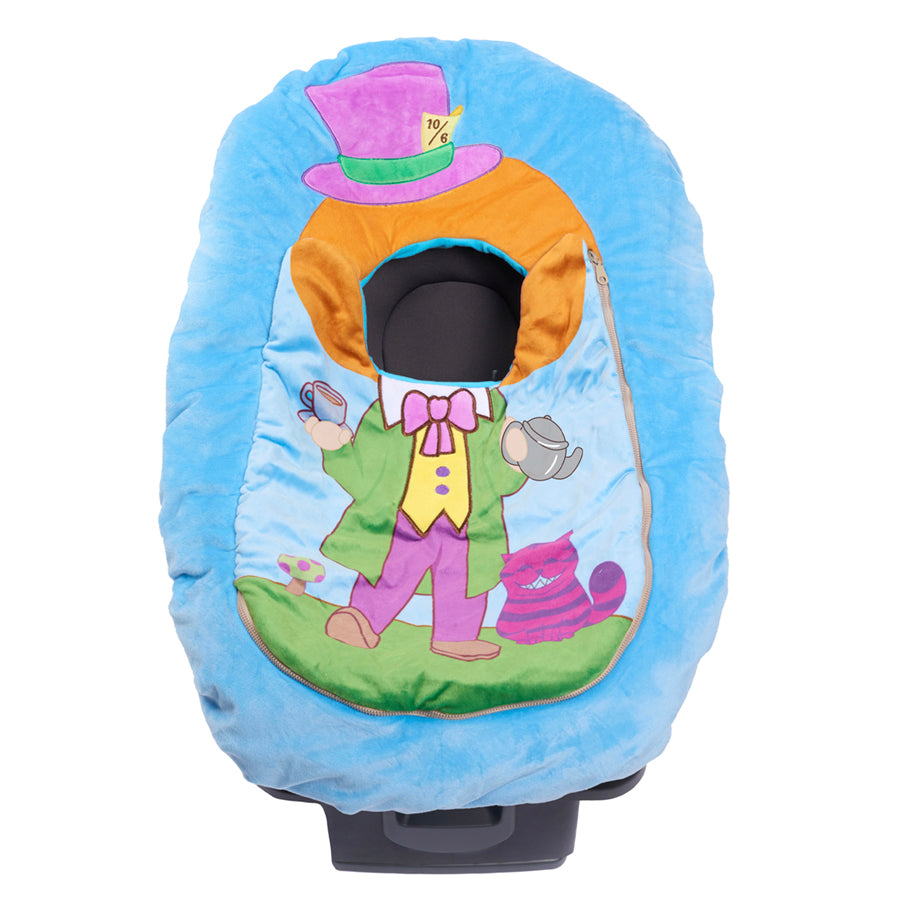Car Seat Cuties Mad Hatter infant baby car seat cover with whimsical mad hatter printed decoration zipper front universal fit machine washable elastic baby car seat cover great for Halloween infant no fuss fairy costume baby shower gift babys first halloween gift babys first christmas gift unique baby gift alice in wonderland Halloween baby cosplay 