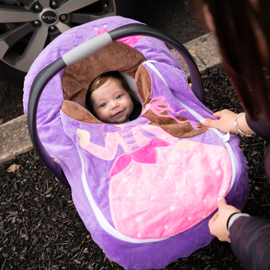 Car Seat Cuties Princess infant baby car seat cover with whimsical princess applique decoration zipper front universal fit machine washable elastic baby car seat cover great for Halloween infant no fuss fairy costume baby shower gift babys first halloween gift baby’s first christmas gift unique baby gift