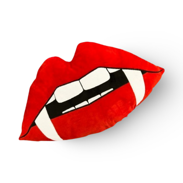 red vampire lips with fangs large halloween pillow creepy cute details halloween home decor weirdcore goth decor unique gifts for all halloween pop culture lovers rocky horror vampire cult classic inspire vampire fangs pillow