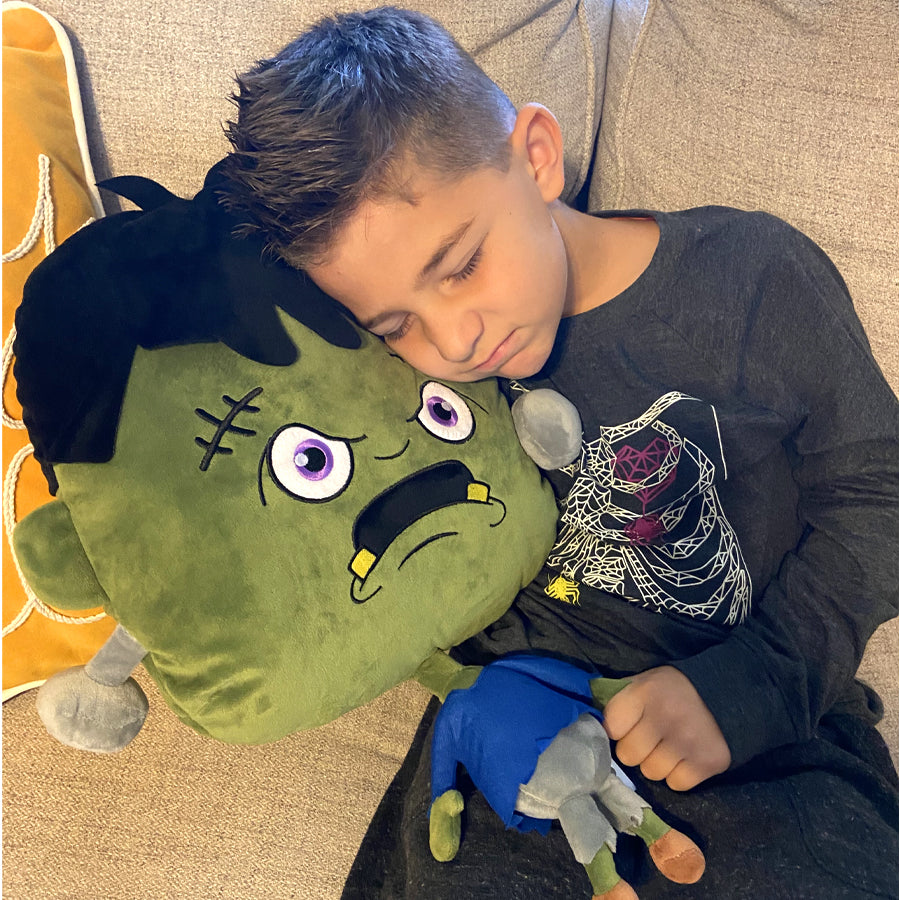 Frankenstein plush pillow with huge head for easy loungin one foot by one foot pillow head plush bolts hilarious embroidery and tiny body too cute halloween home decor frankenstein plush pillow