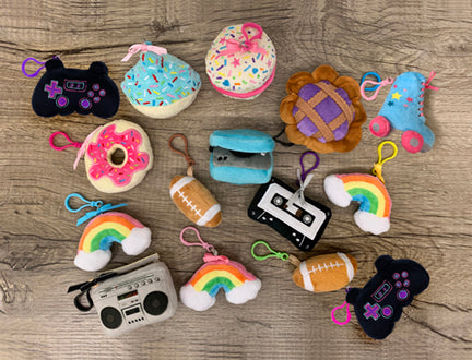 mini keychain plush and plush ornaments so many styles colorful embroidery fun print and patterns high quality backpack clip and plush ornaments stocking stuffers geek gifts happy small unique gifts