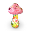 pink mushroom with multi colored yellow pink flower fabric print dopamine decore weirdcore plush glitter colorful mushroom plushies soft minky top fun colorful print stuffed stems with fun glitter dot patterns on caps unique gift dorm decor dopamine home decor happy hippy gifts