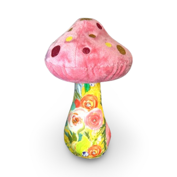 pink mushroom with multi colored yellow pink flower fabric print dopamine decore weirdcore plush glitter colorful mushroom plushies soft minky top fun colorful print stuffed stems with fun glitter dot patterns on caps unique gift dorm decor dopamine home decor happy hippy gifts