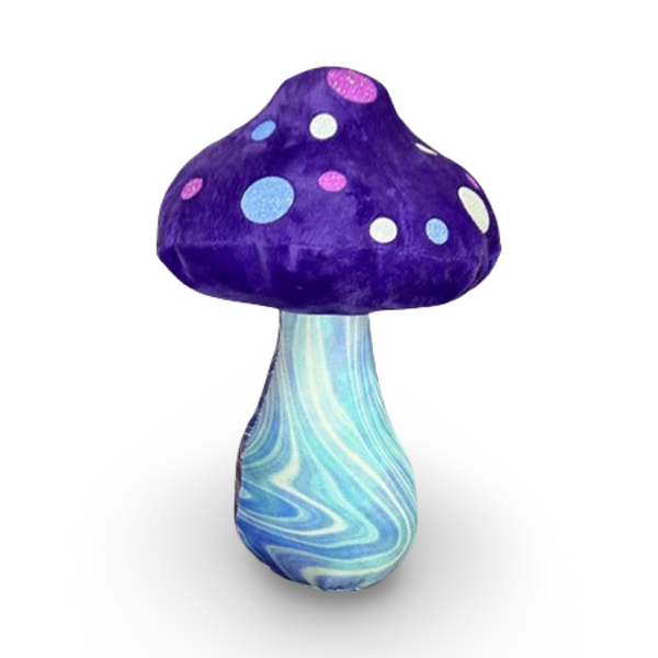 purple mushroom with multi colored swirly trippy fabric print dopamine decore weirdcore plush glitter colorful mushroom plushies soft minky top fun colorful print stuffed stems with fun glitter dot patterns on caps unique gift dorm decor dopamine home decor happy hippy gifts