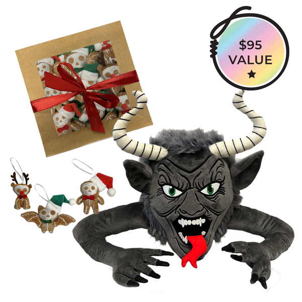 krampus plush topper for your christmas tree with 9 pack of small gingerdead plush ornaments makes a great gift bundle and save