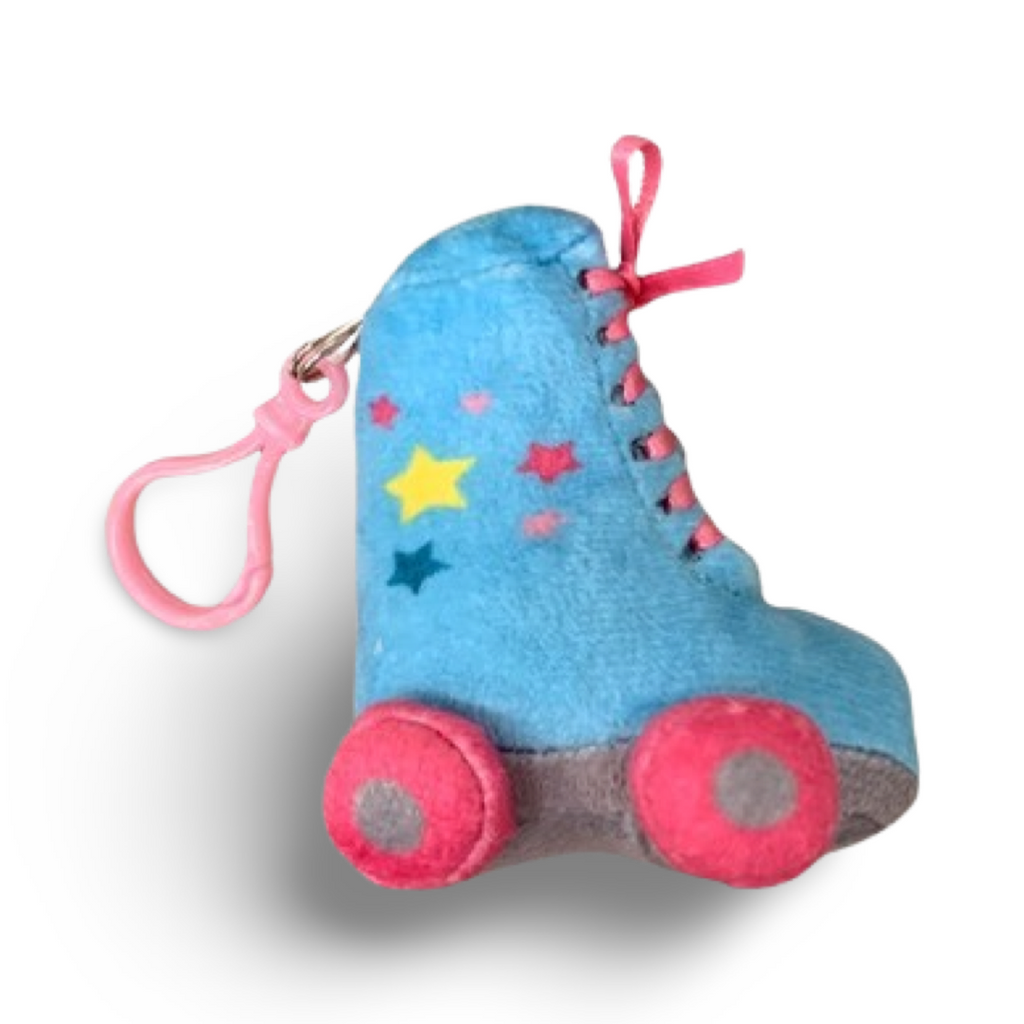 retro blue pink roller skate with side stars keychain plush pop culture mini plushies colorful fun print and patterns roller skate backpack clip and roller skate plush ornaments for holiday tree stocking stuffers pop culture geek gift