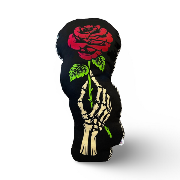 printed pillow image of skeleton hand holding red rose the side of pillow printed ivory and black stripe pattern and back pillow is black with ivory polkadot print measures 20 inch tall and 3 inch thick very unique halloween home decor goth decor plush pillow