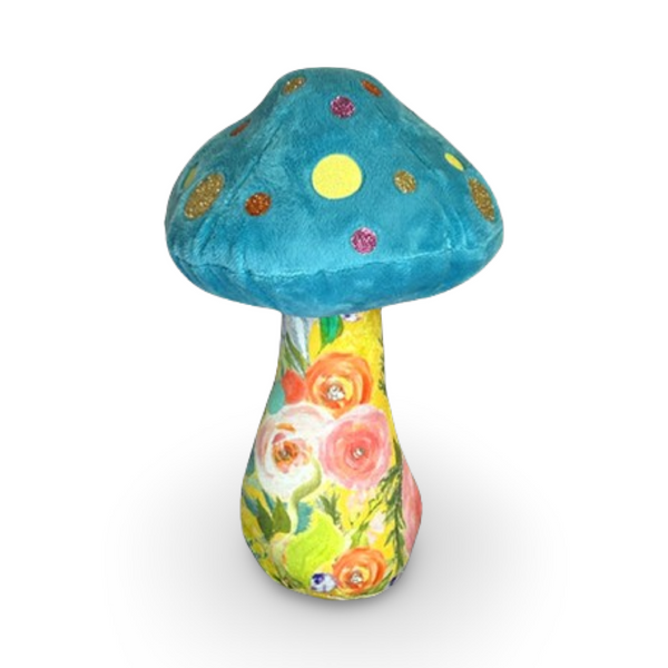 turquoise mushroom with yellow multi colored flower fabric print dopamine decore weirdcore plush glitter colorful mushroom plushies soft minky top fun colorful print stuffed stems with fun glitter dot patterns on caps unique gift dorm decor dopamine home decor happy hippy gifts