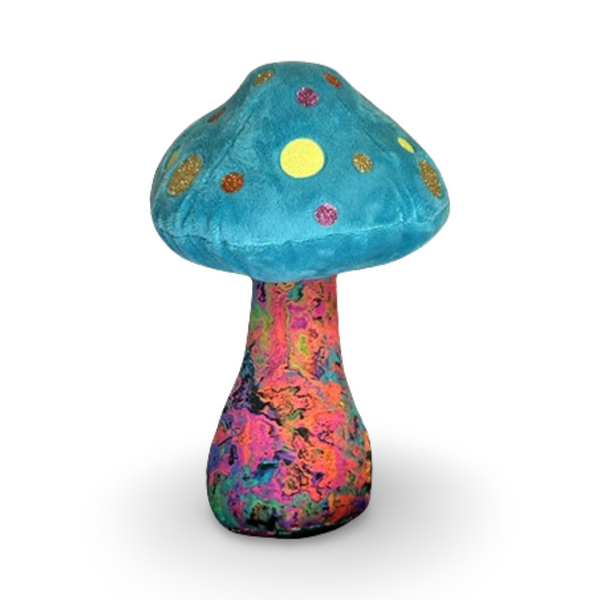 turquoise mushroom with multi colored graffiti splatter fabric print dopamine decor weirdcore plush glitter colorful mushroom plushies soft minky top fun colorful print stuffed stems with fun glitter dot patterns on caps unique gift dorm decor dopamine home decor happy hippy gifts