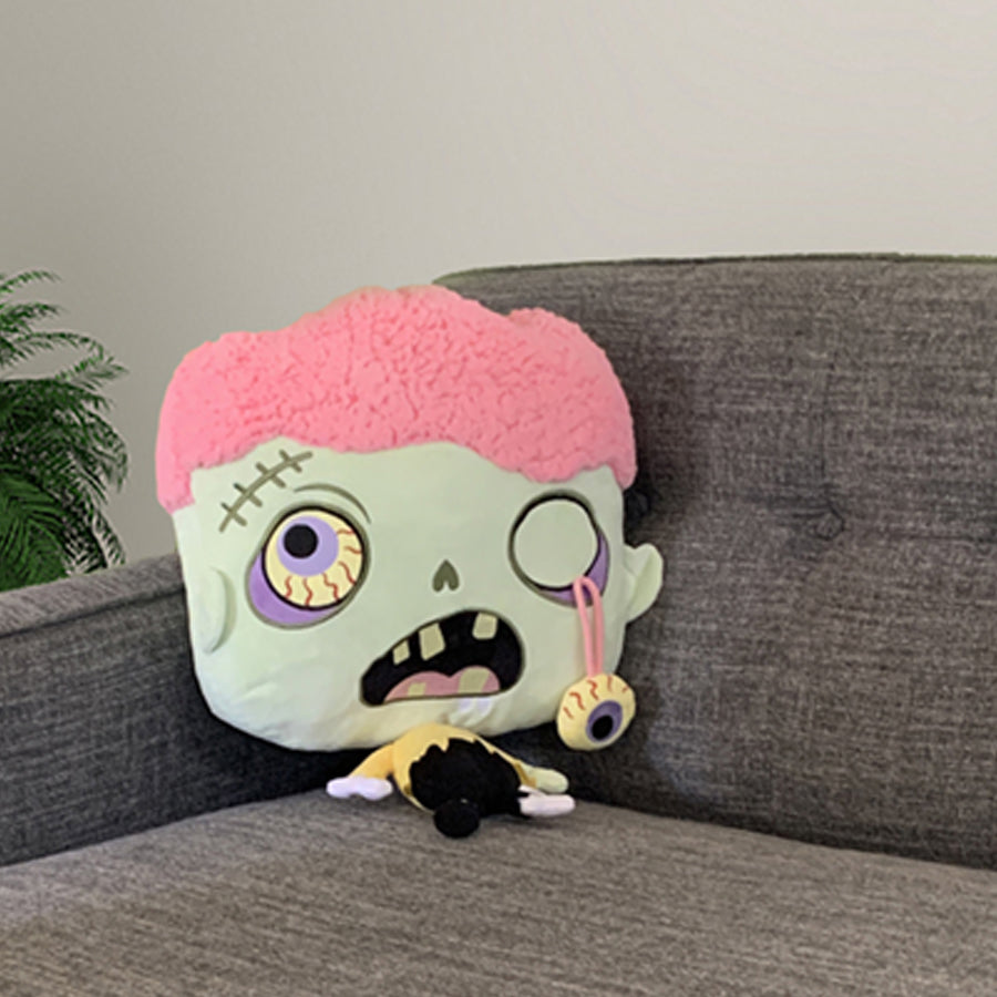 Zombie plush pillow with huge head for easy loungin one foot by one foot pillow head plush eyeball falling out and plush brains hilarious embroidery and tiny body too cute halloween home decor zombie plush pillow horror gift 
