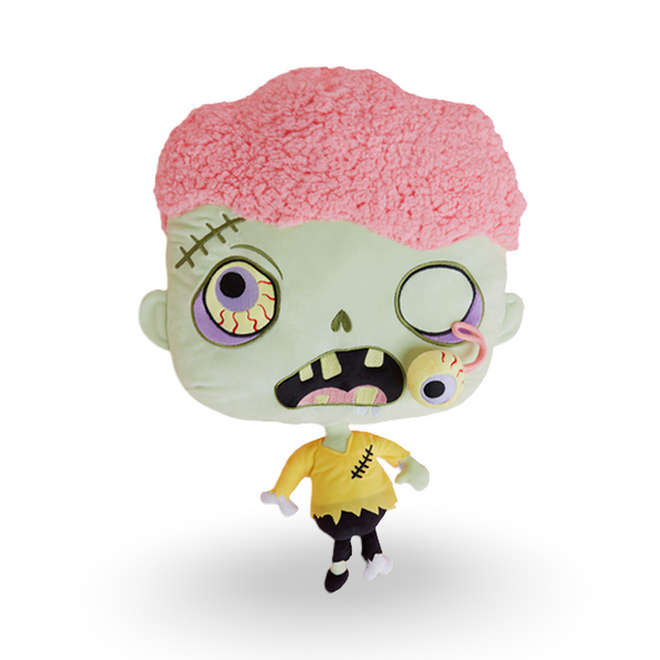 Zombie plush pillow with huge head for easy loungin one foot by one foot pillow head plush eyeball falling out and plush brains hilarious embroidery and tiny body too cute halloween home decor zombie plush pillow horror gift