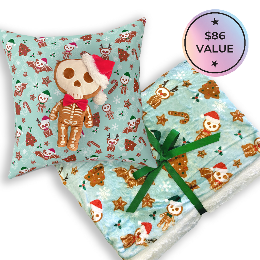 colorful gingerdead creepmas collection features a gingerdead print throw with white sherpa fleece lining, print pillow & gingerdead man plush gift set!