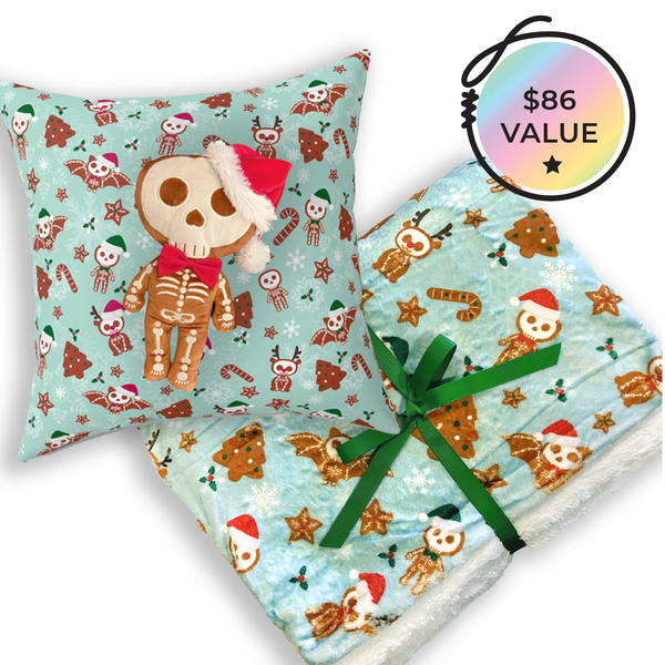 gingerdead gift set includes a gingerdead plush toy, a gingerdead print pillow and a gingerdead deluxe blanket with sherpa fleece