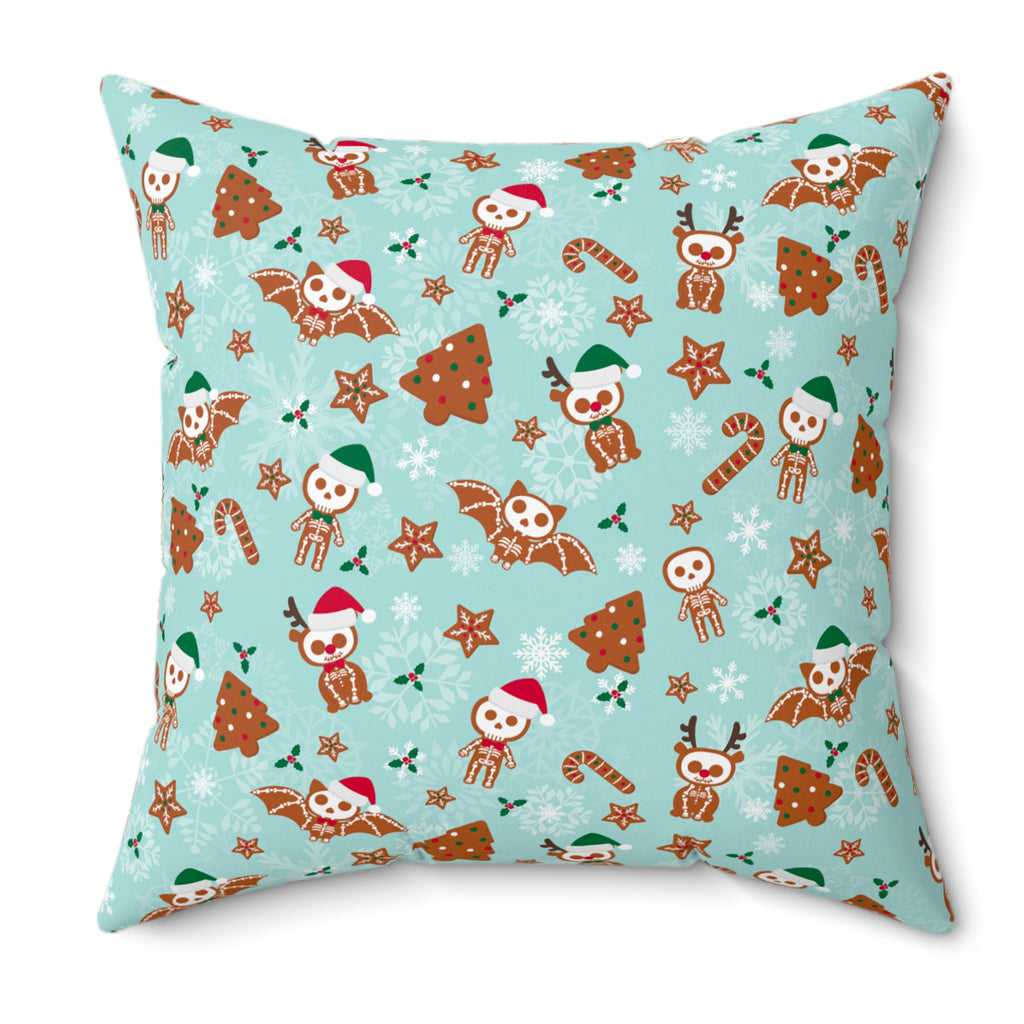 colorful creepmas gingerdead toss print on 18x18 pillow. pillow includes insert & removable cover. soft plush fabrics