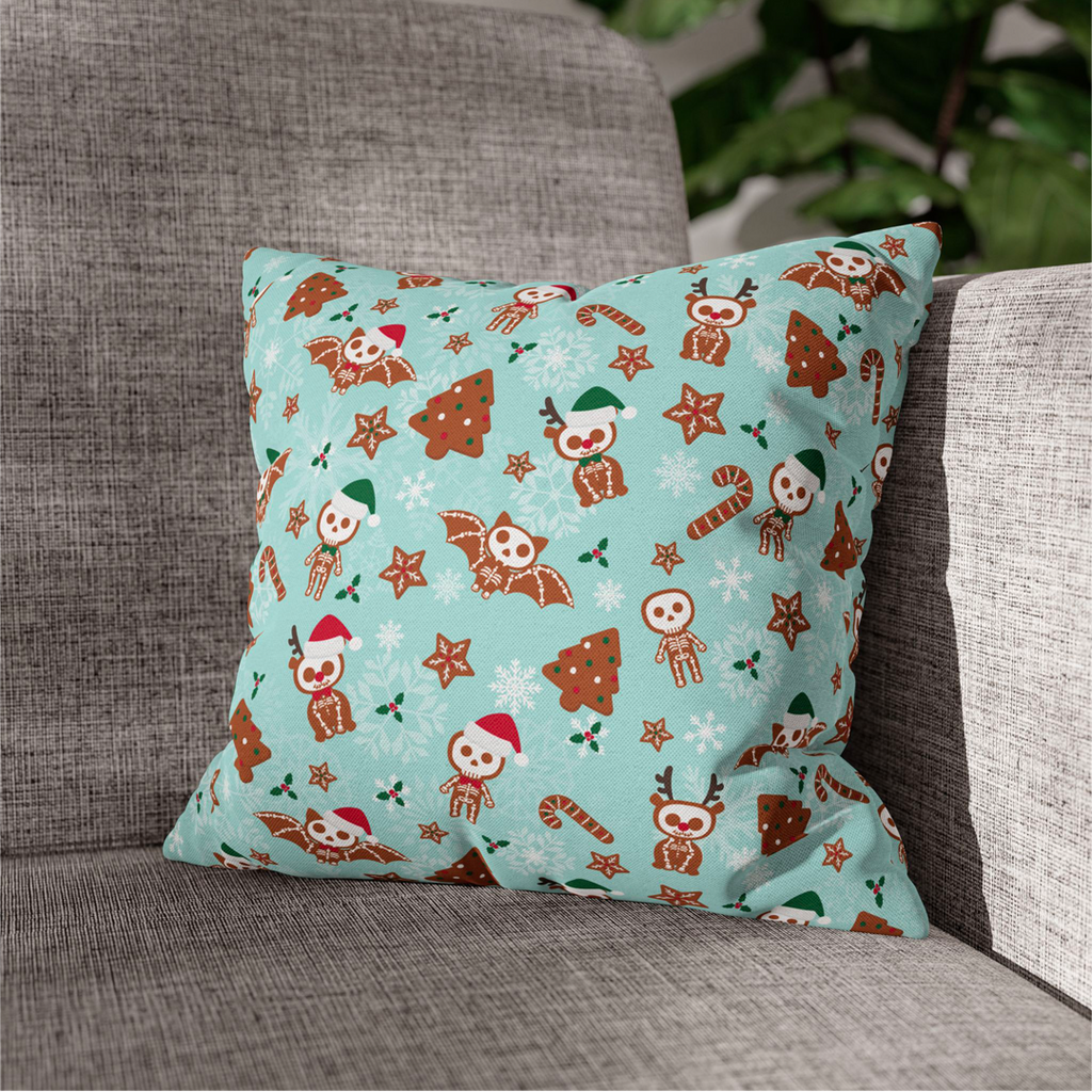 colorful creepmas gingerdead toss print on 18x18 pillow. pillow includes insert & removable cover. soft plush fabrics