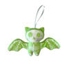 Green bat-shaped ornament with skull design on a white background