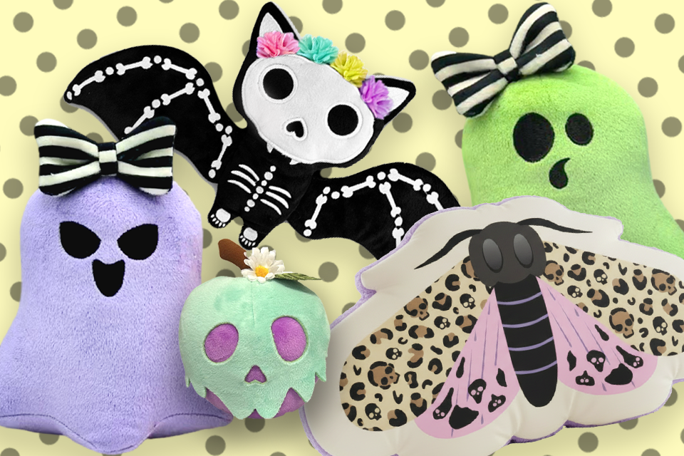 Set of plush toys with skeleton, ghost, and butterfly designs on a polka dot background