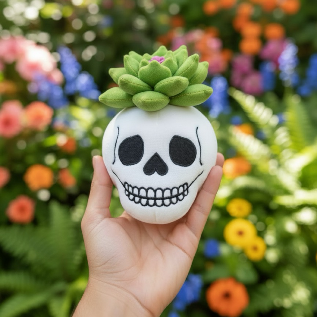 White skull-shaped object with green succulent held in a hand against a colorful floral background