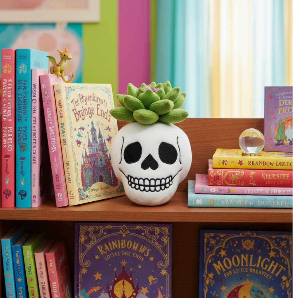 Skull-shaped vase with green succulent on a bookshelf with children's books