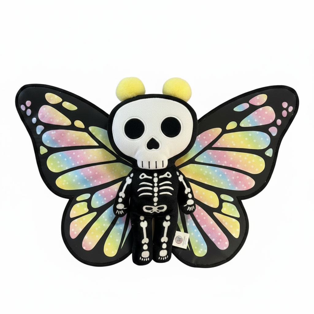 Butterfly-shaped plush toy with a skeleton design on a white background