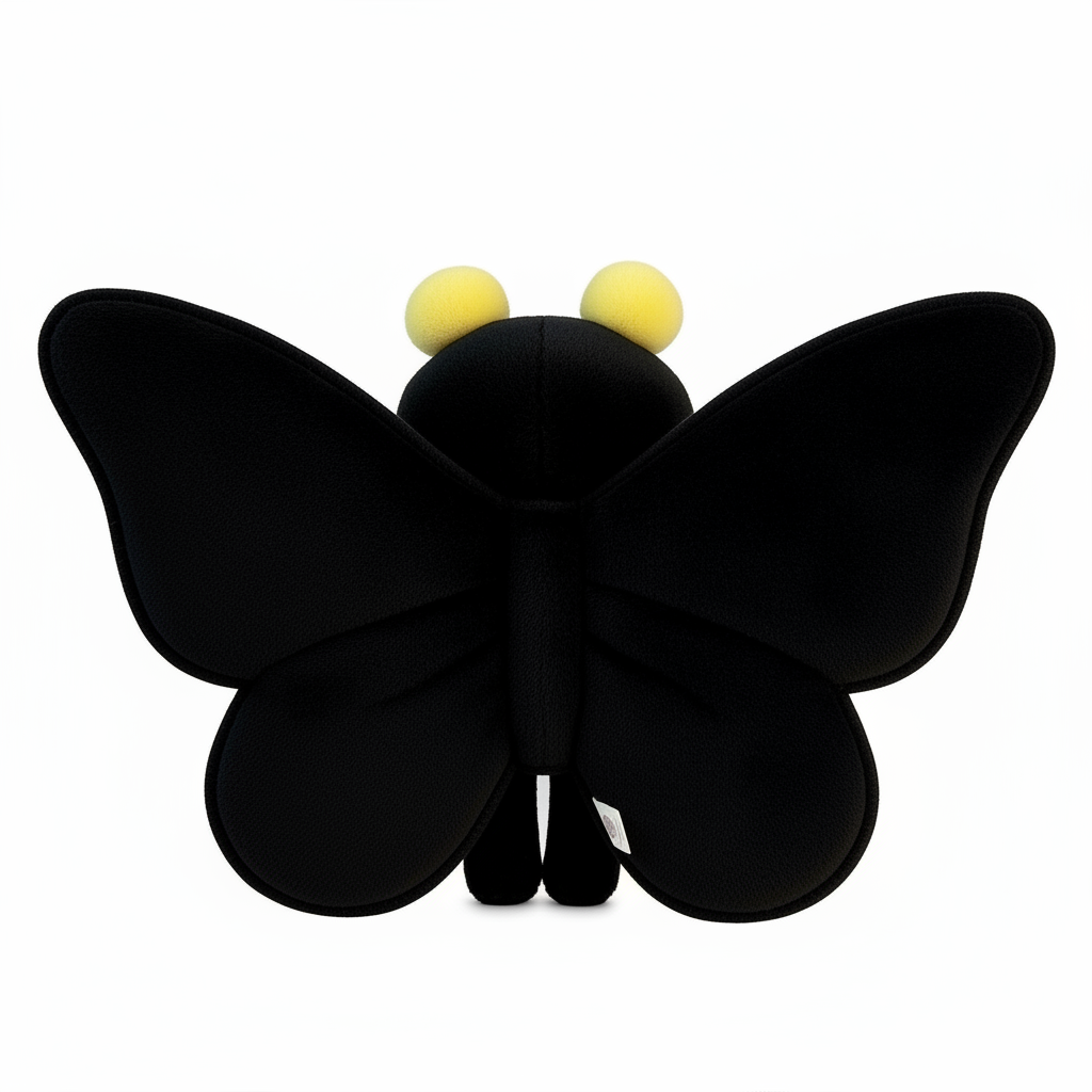 Black butterfly-shaped object with yellow accents on a white background