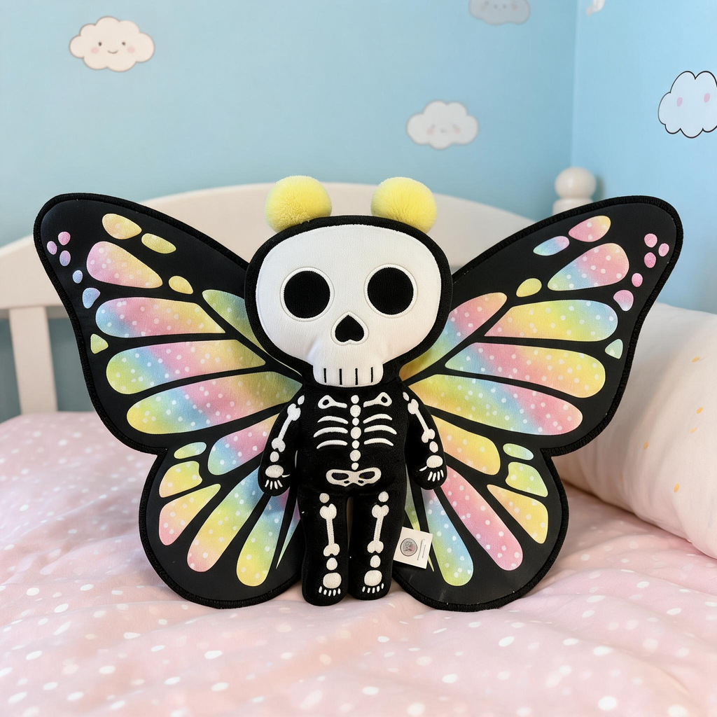 Butterfly-shaped plush toy with skeleton design on a bed with a light blue wall in the background.