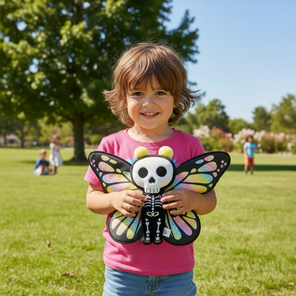 Child holding a colorful butterfly-shaped toy with a skull design in a park.