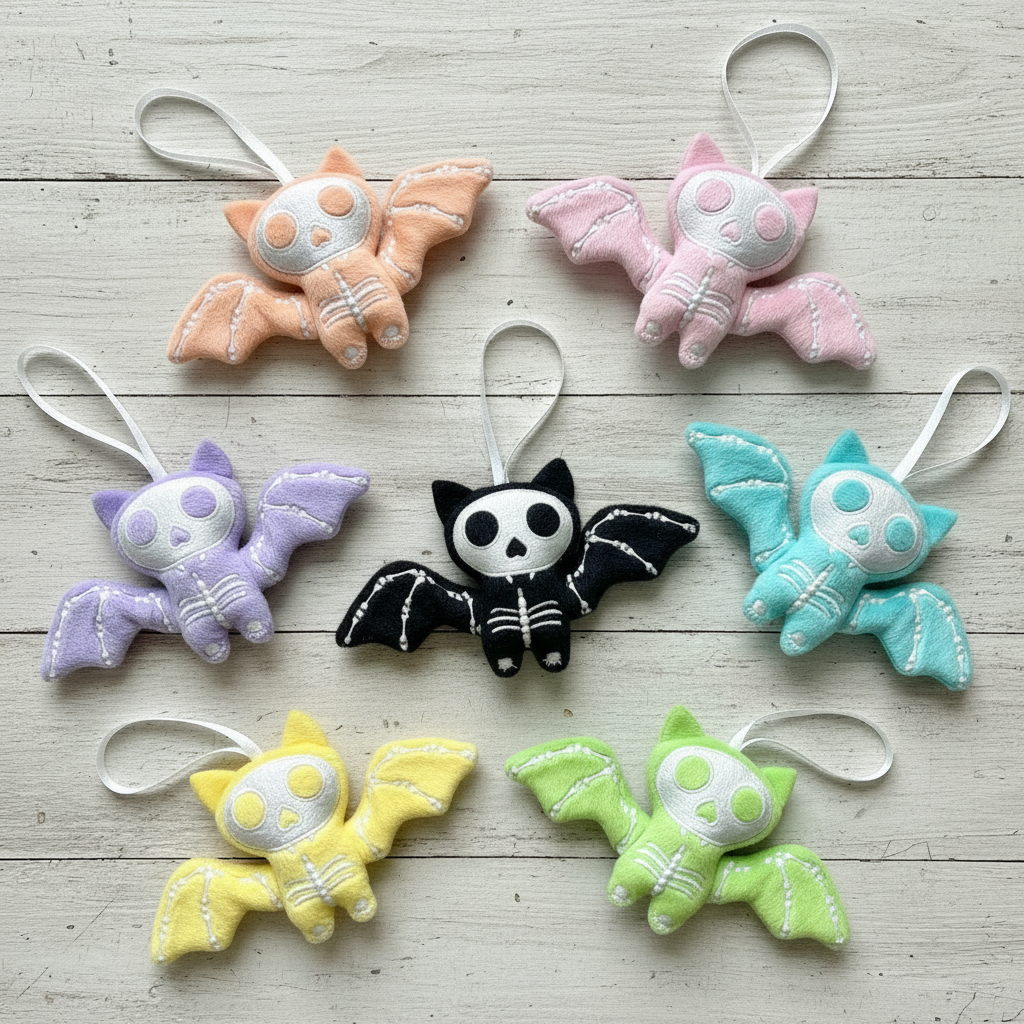 Colorful bat-shaped ornaments on a wooden surface