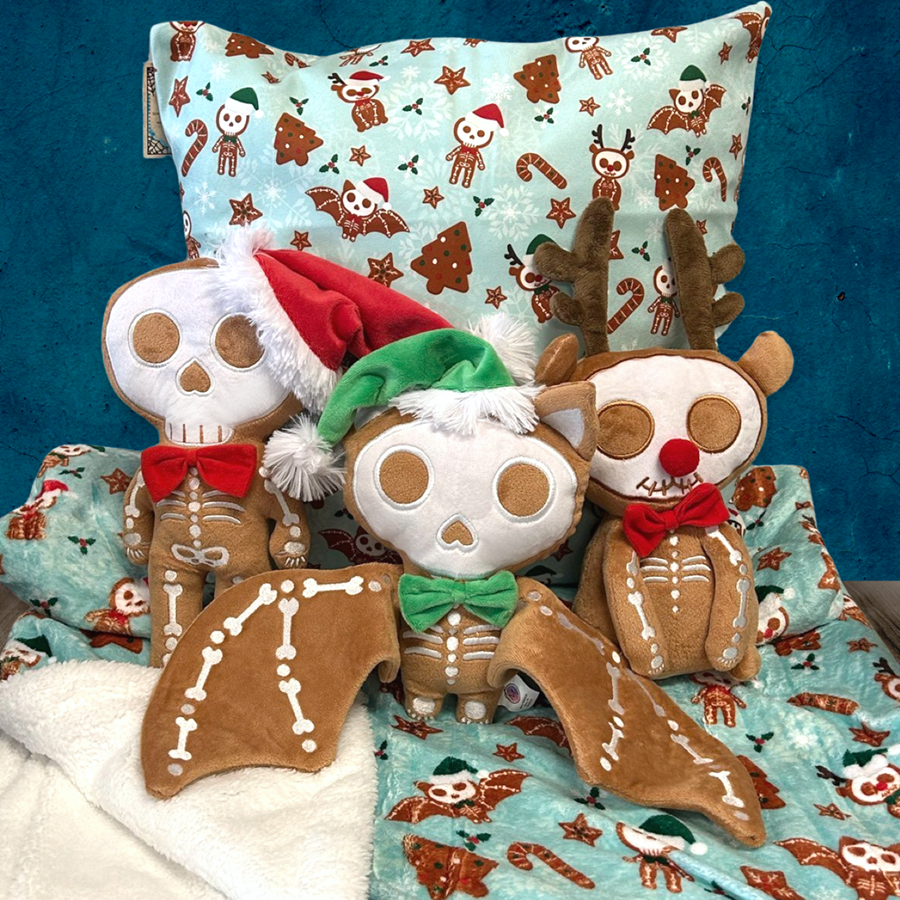 spooky christmas gingerdead collection gingerdead bat plush gingerdead man plush gingerdead reindeer plush gingerdead print blanket throw and pillow creepmas