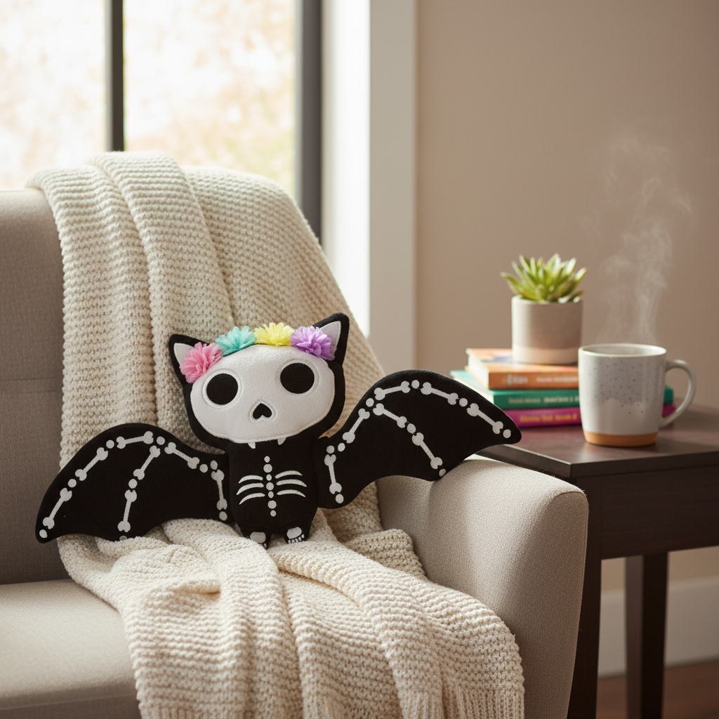 Decorative pillow with skeleton design and floral accents on a couch in a cozy living room.