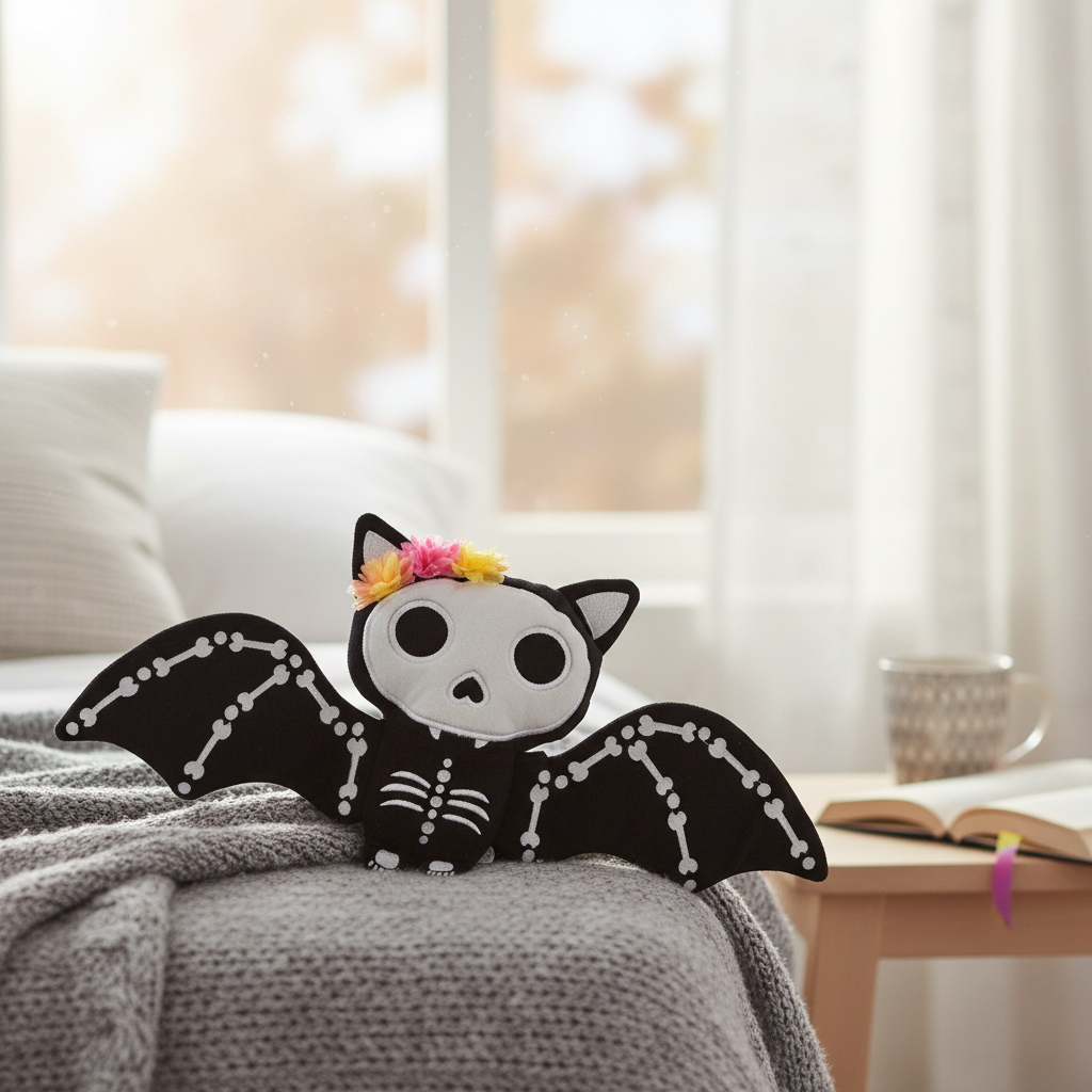 Skeleton bat plush toy on a couch with a blurred indoor background