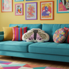 Turquoise sofa with colorful pillows against a yellow wall with framed posters