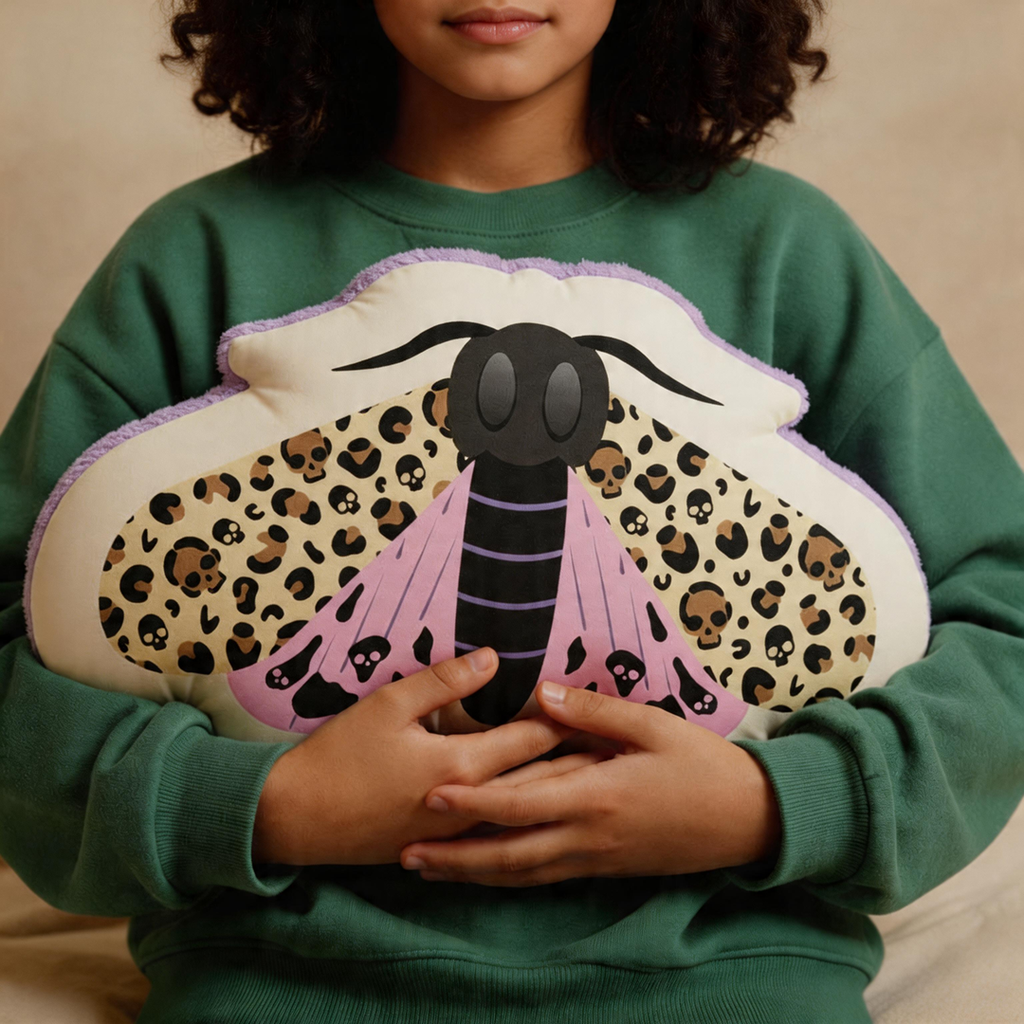 Person wearing a green sweatshirt with a colorful moth design, holding the moth.