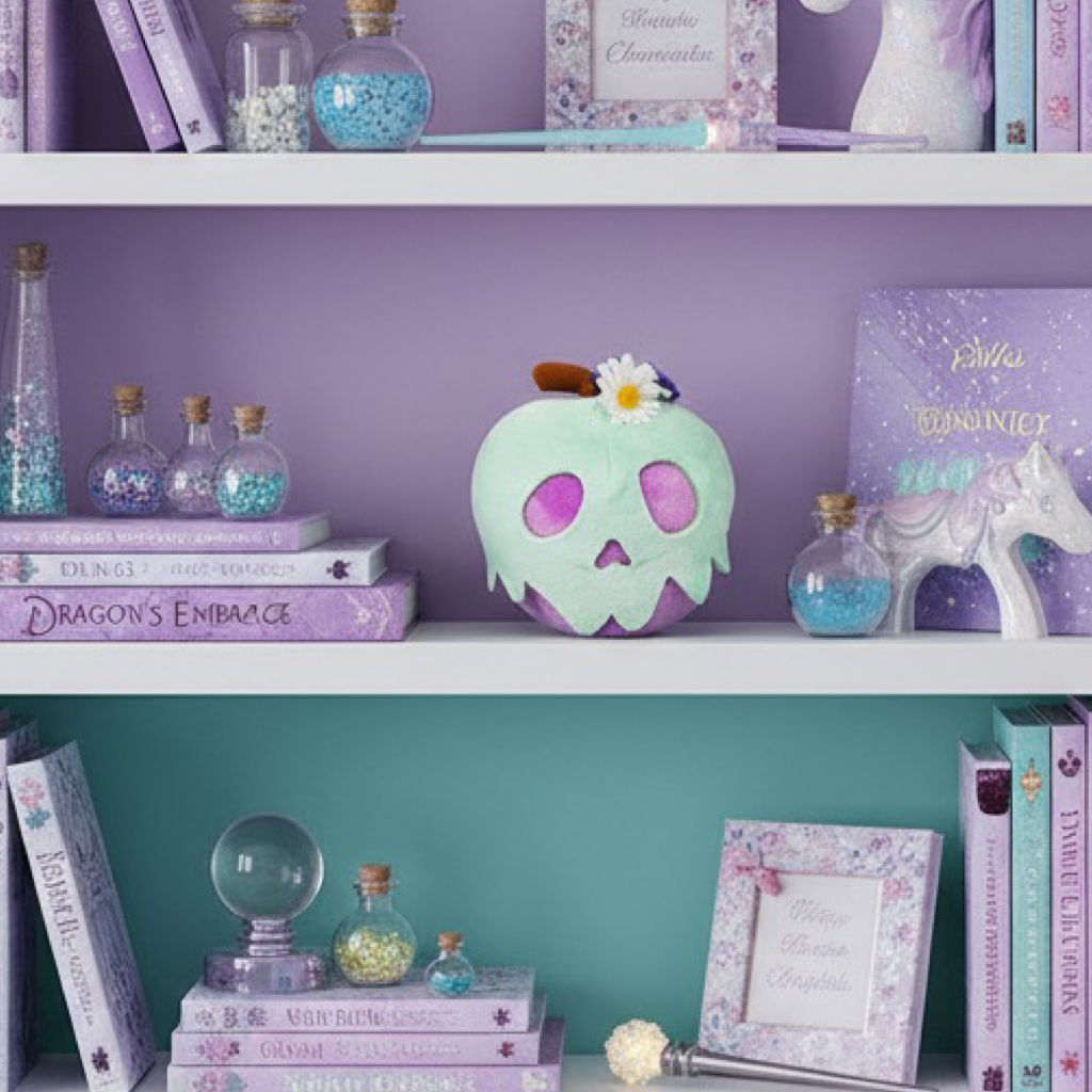 Decorative shelf with books, bottles, and a skull-shaped object against a purple and green gradient wall.