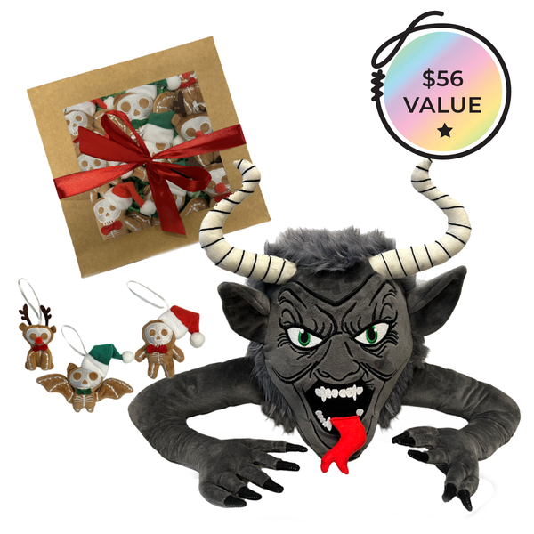 krampus tree topper  and mini gingerdead ornaments gift box includes a 9 pc of gingerdead plush ornaments- 3 styles, and a krampus plush tree topper, scary!