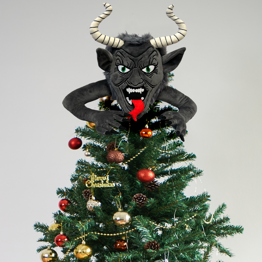 plush krampus tree topper on christmas tree creepmas home decor spooky christmas decor